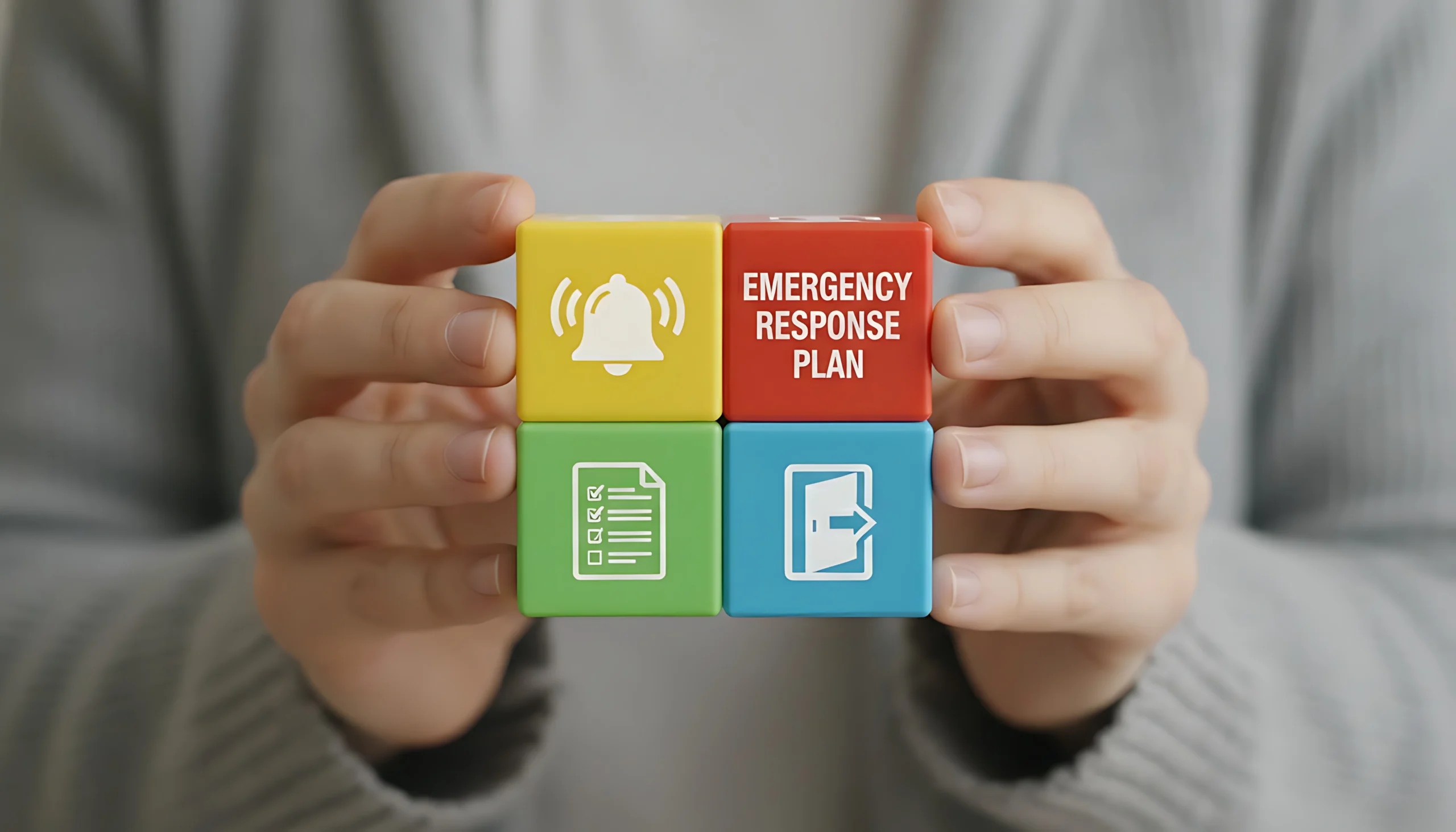 Emergency plan Close up of hands holding together four colored blocks with icons and the words "Emergency Response Plan".