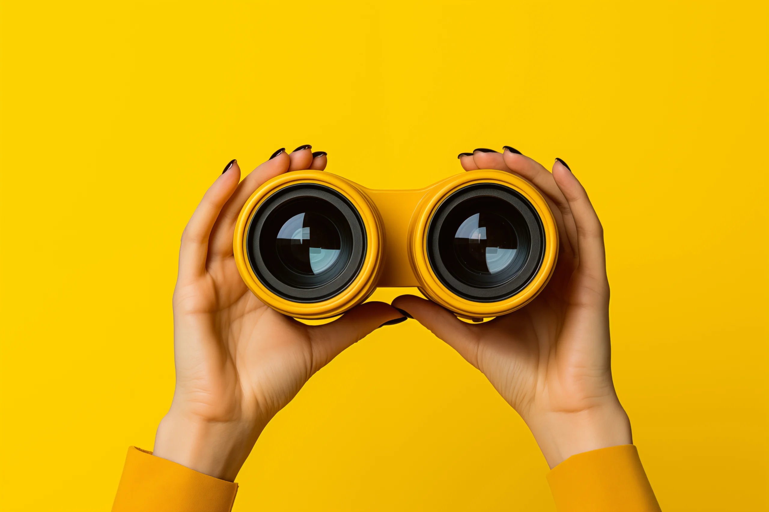 Female hands holding binoculars on a yellow background, representing exploration and curiosity concept. Generative AI Female hands holding binoculars on a yellow background, representing exploration and curiosity concept. Generative AI
