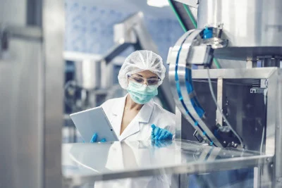 Hygiene worker in science laboratory. technician in pharmaceutical medicine production manufacturing